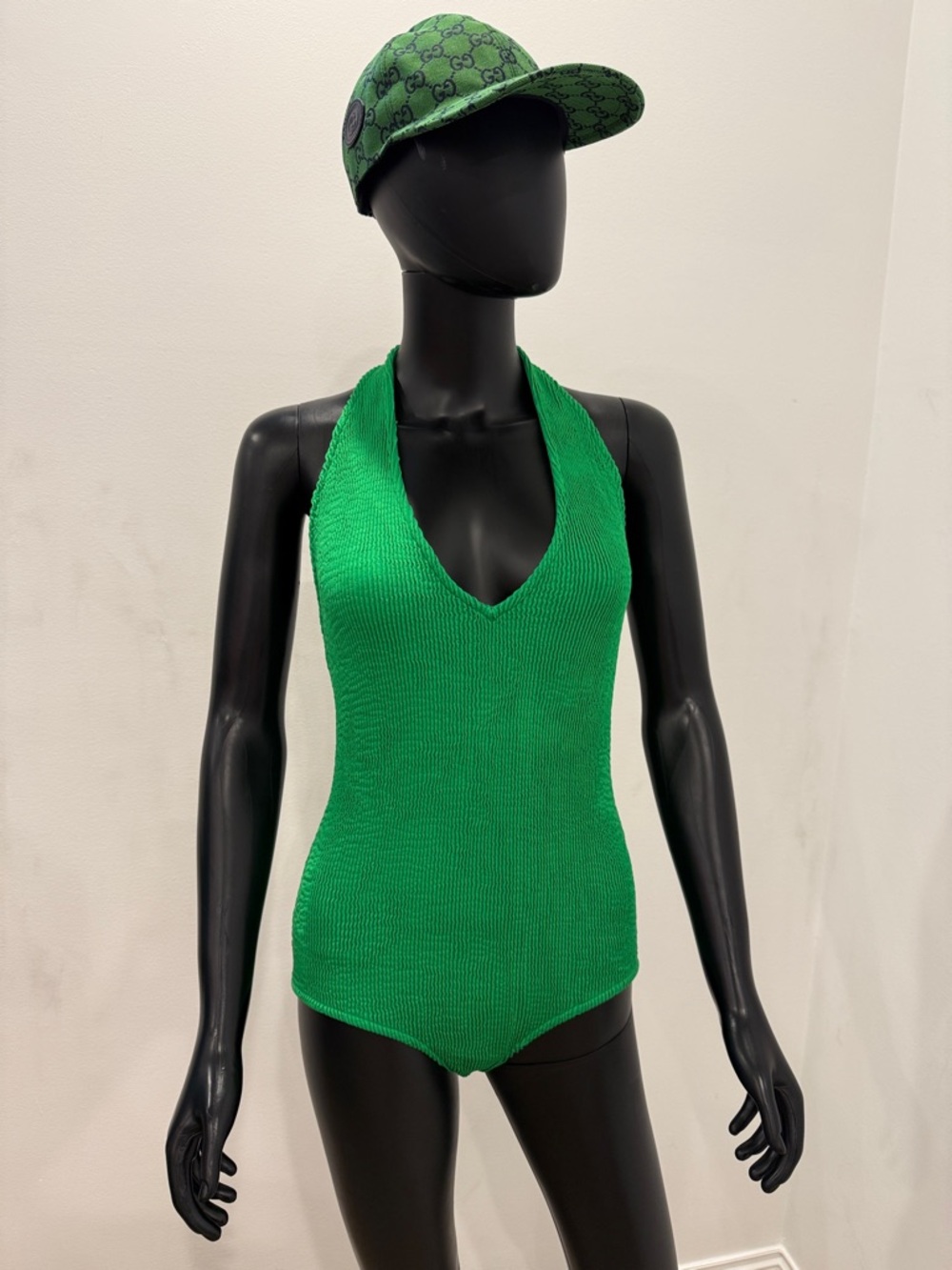 Bottega Veneta Green Crinkle Halter One Piece Swimsuit Textured Stretch S NEW